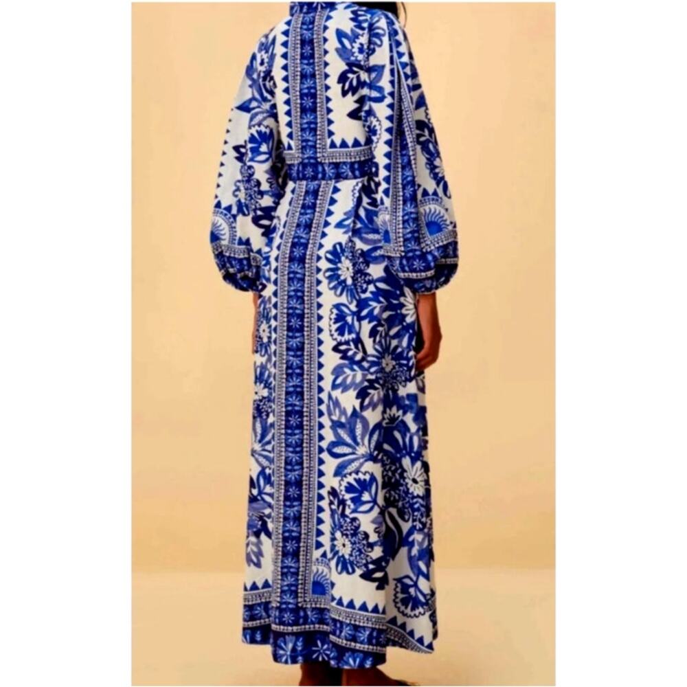 FARM Rio Blue Floral Linen Blend Button Front Maxi Dress Large - Picture 3 of 7